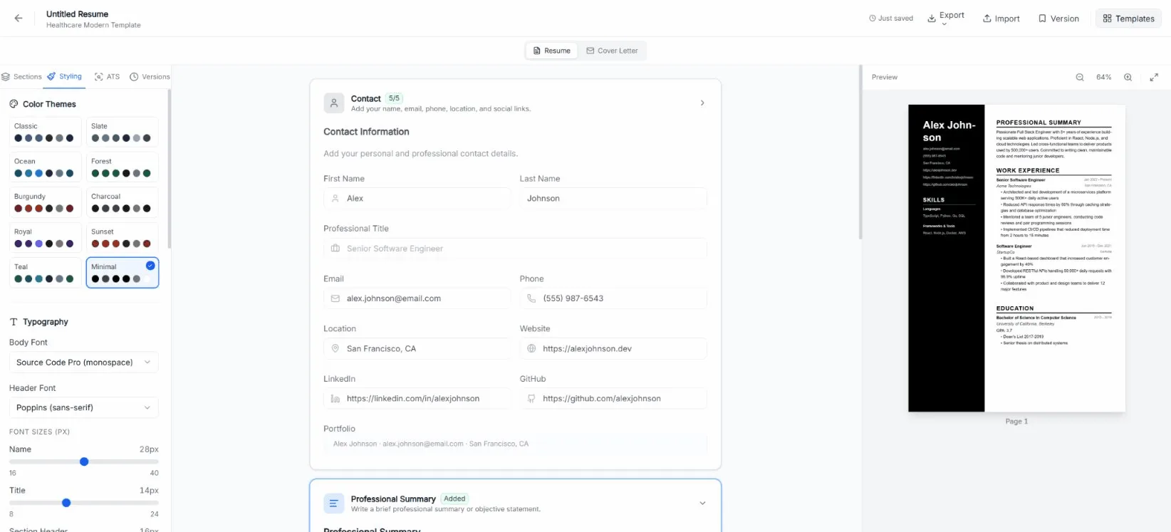 Resumello editor with sidebar, form fields, and live resume preview